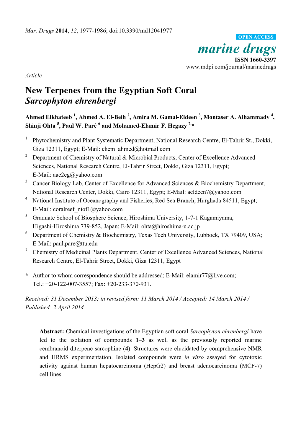 New Terpenes from the Egyptian Soft Coral Sarcophyton Ehrenbergi