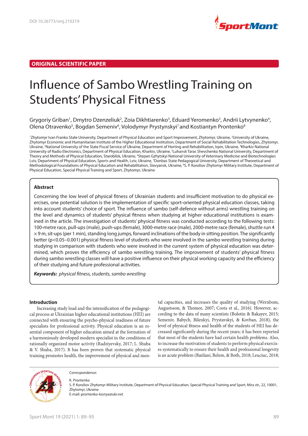 Influence of Sambo Wrestling Training on Students' Physical Fitness