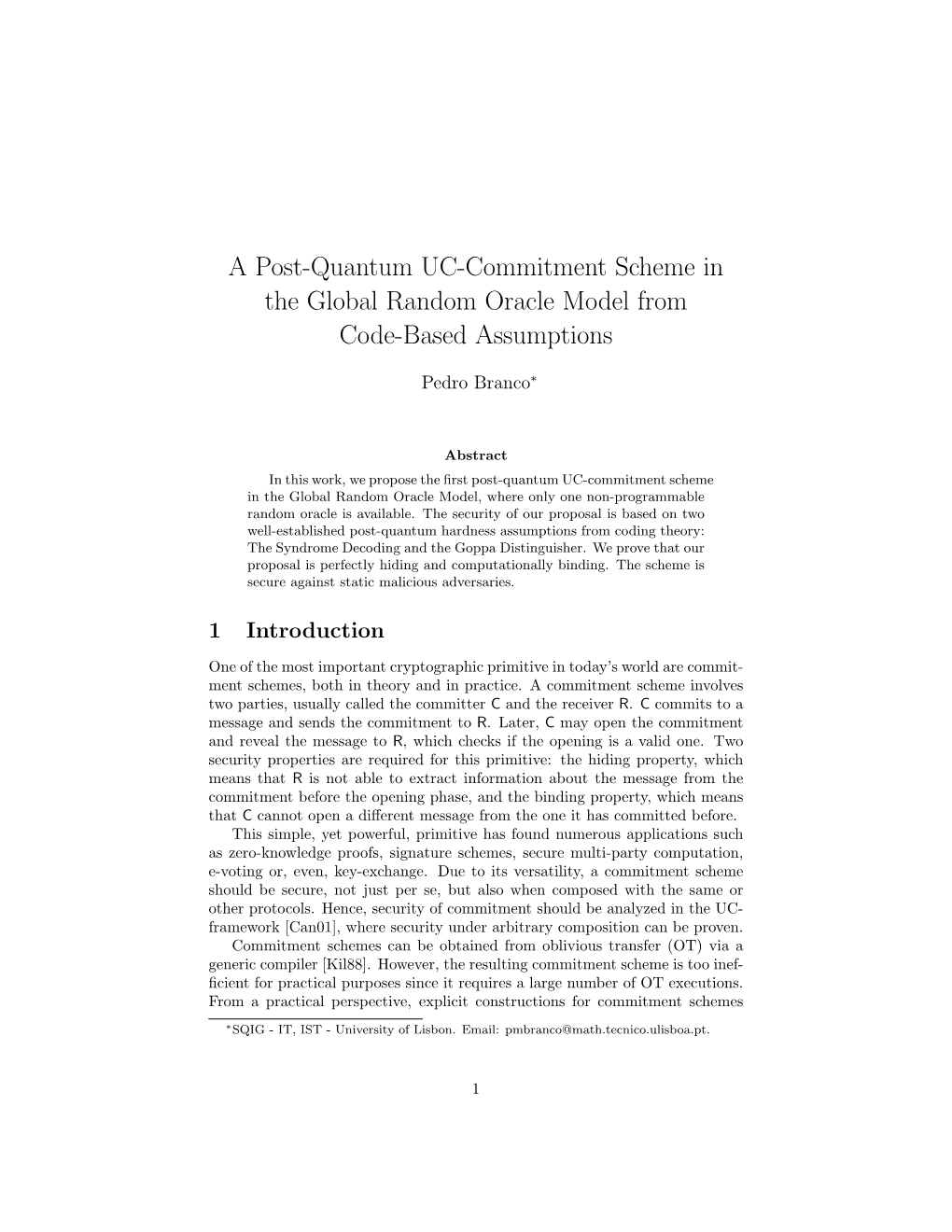 A Post-Quantum UC-Commitment Scheme in the Global Random Oracle Model from Code-Based Assumptions