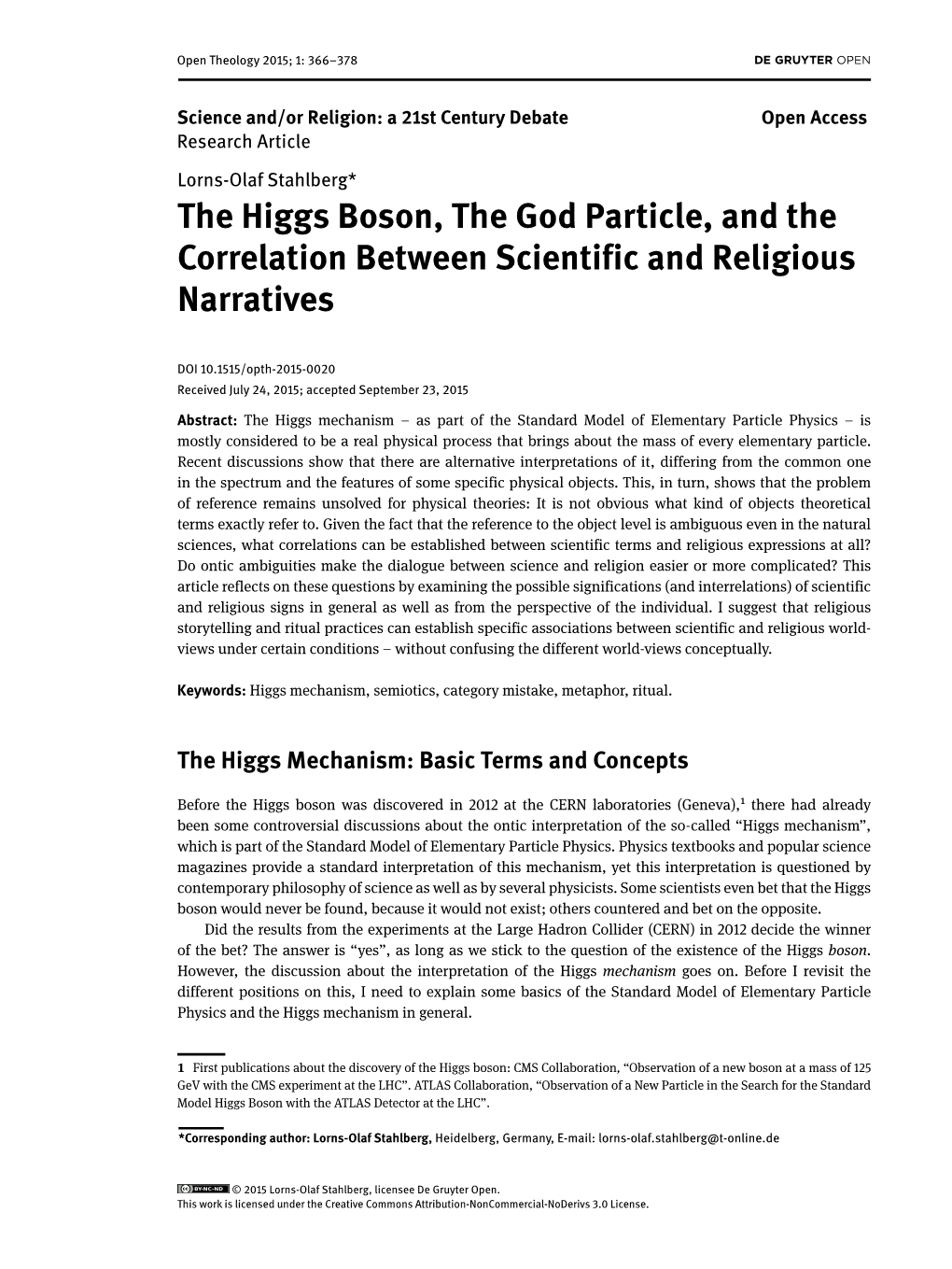 The Higgs Boson, the God Particle, and the Correlation Between Scientific and Religious Narratives