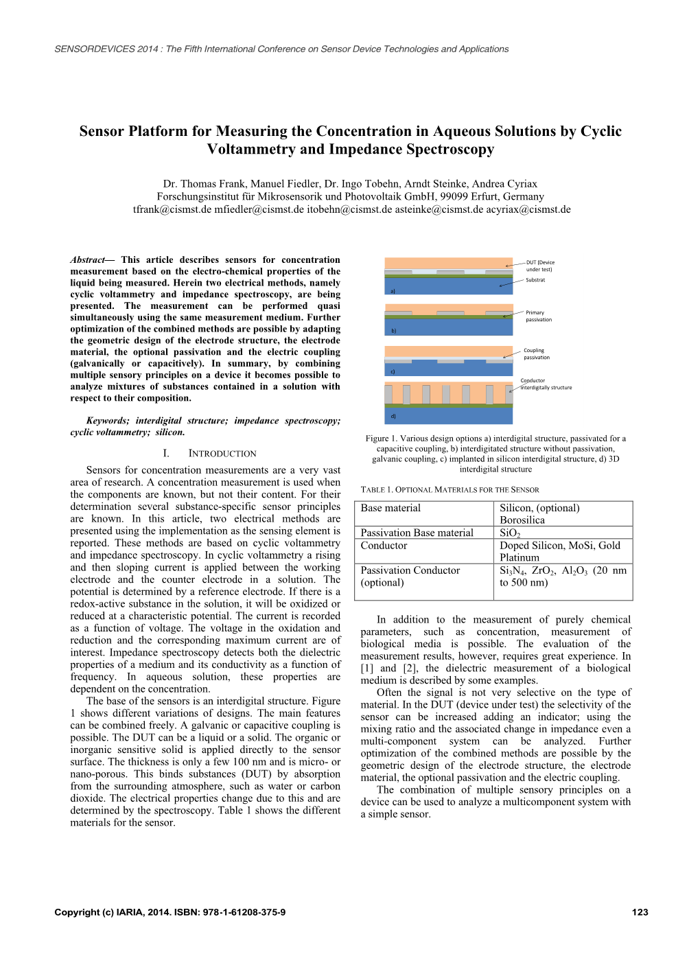 Sensor Platform for Measuring the Concentration in Aqueous Solutions by Cyclic Voltammetry and Impedance Spectroscopy