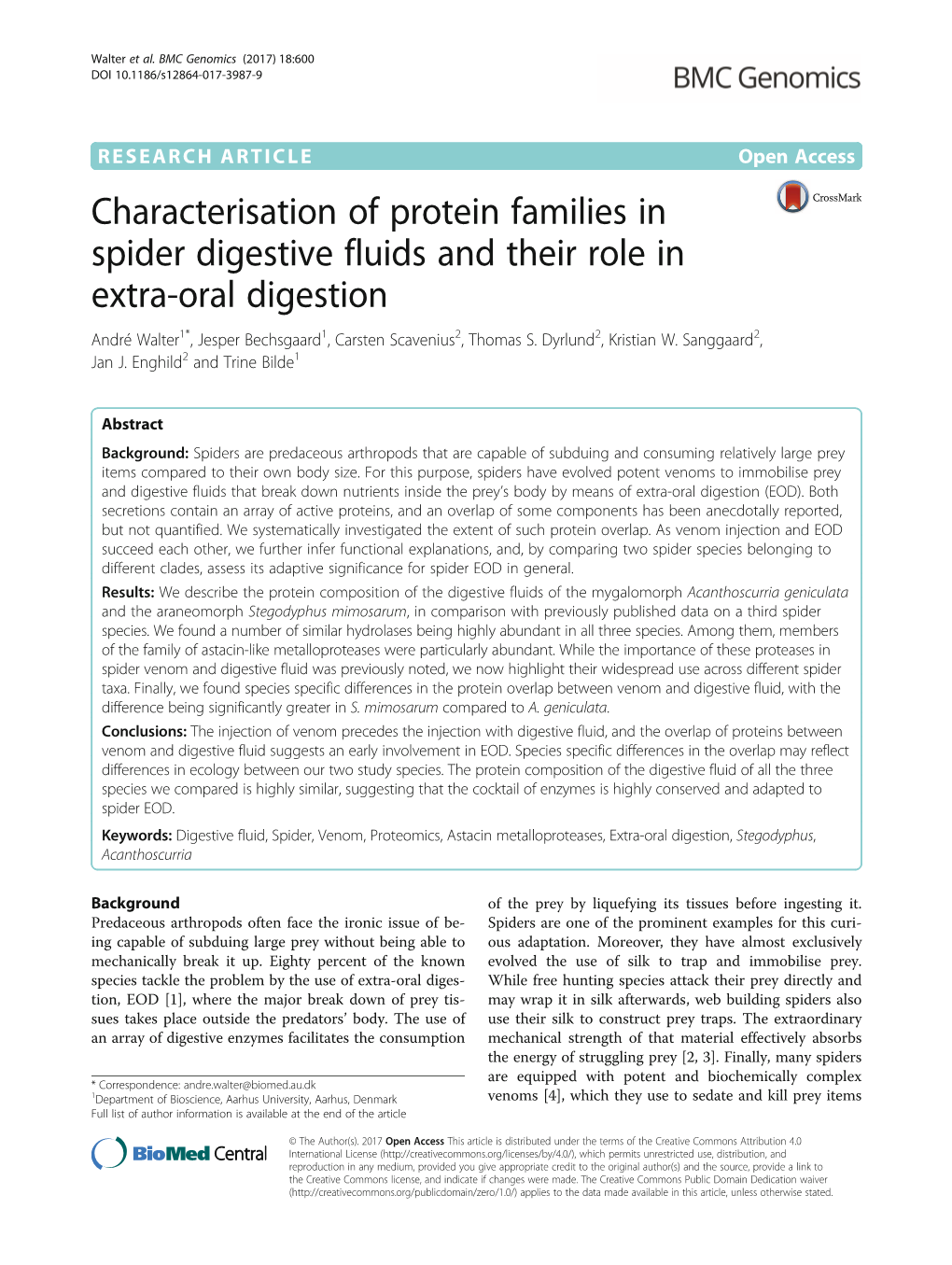 Characterisation of Protein Families in Spider Digestive Fluids and Their Role