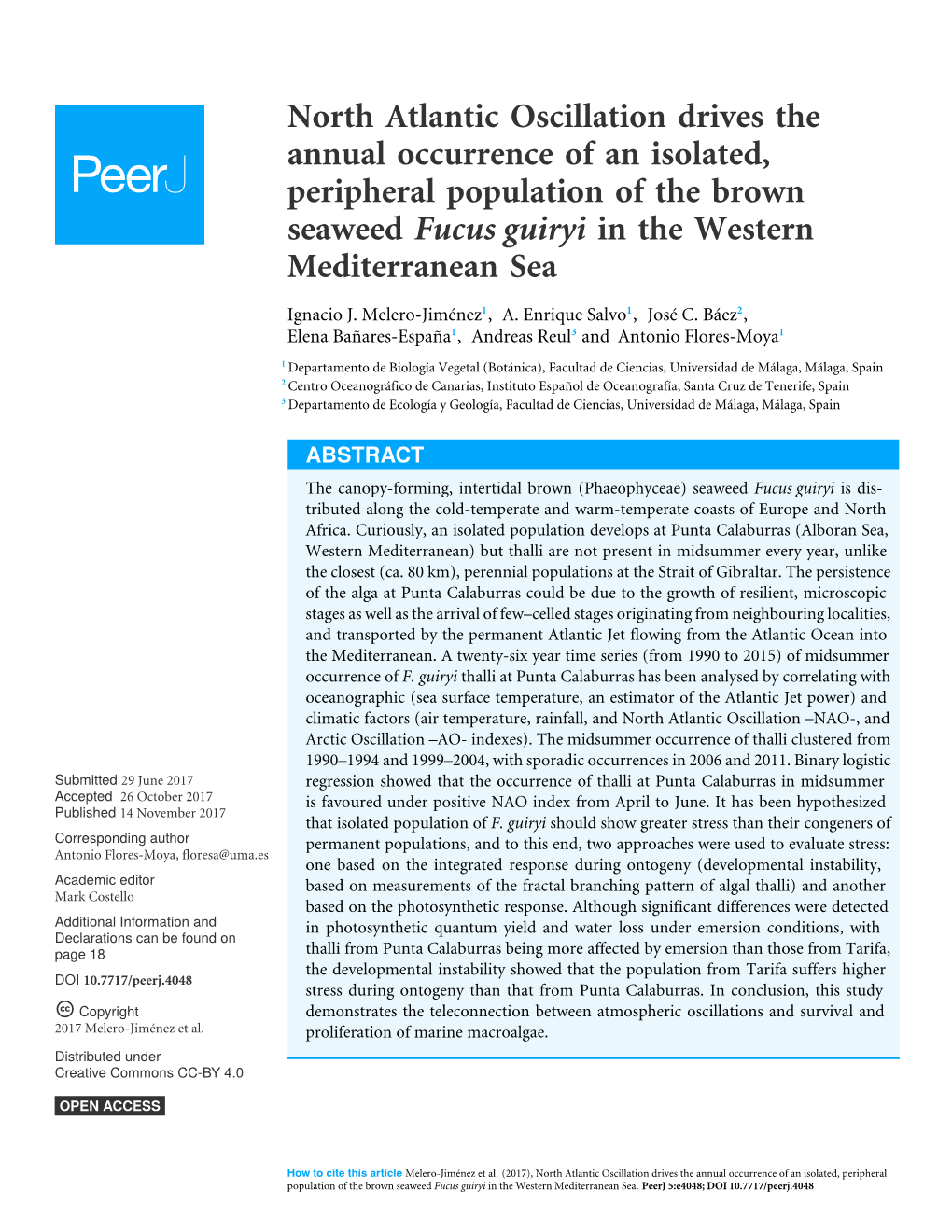 North Atlantic Oscillation Drives the Annual Occurrence of an Isolated, Peripheral Population of the Brown Seaweed Fucus Guiryi in the Western Mediterranean Sea