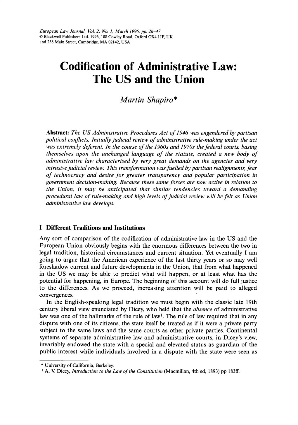 Codification of Administrative Law: the US and the Union