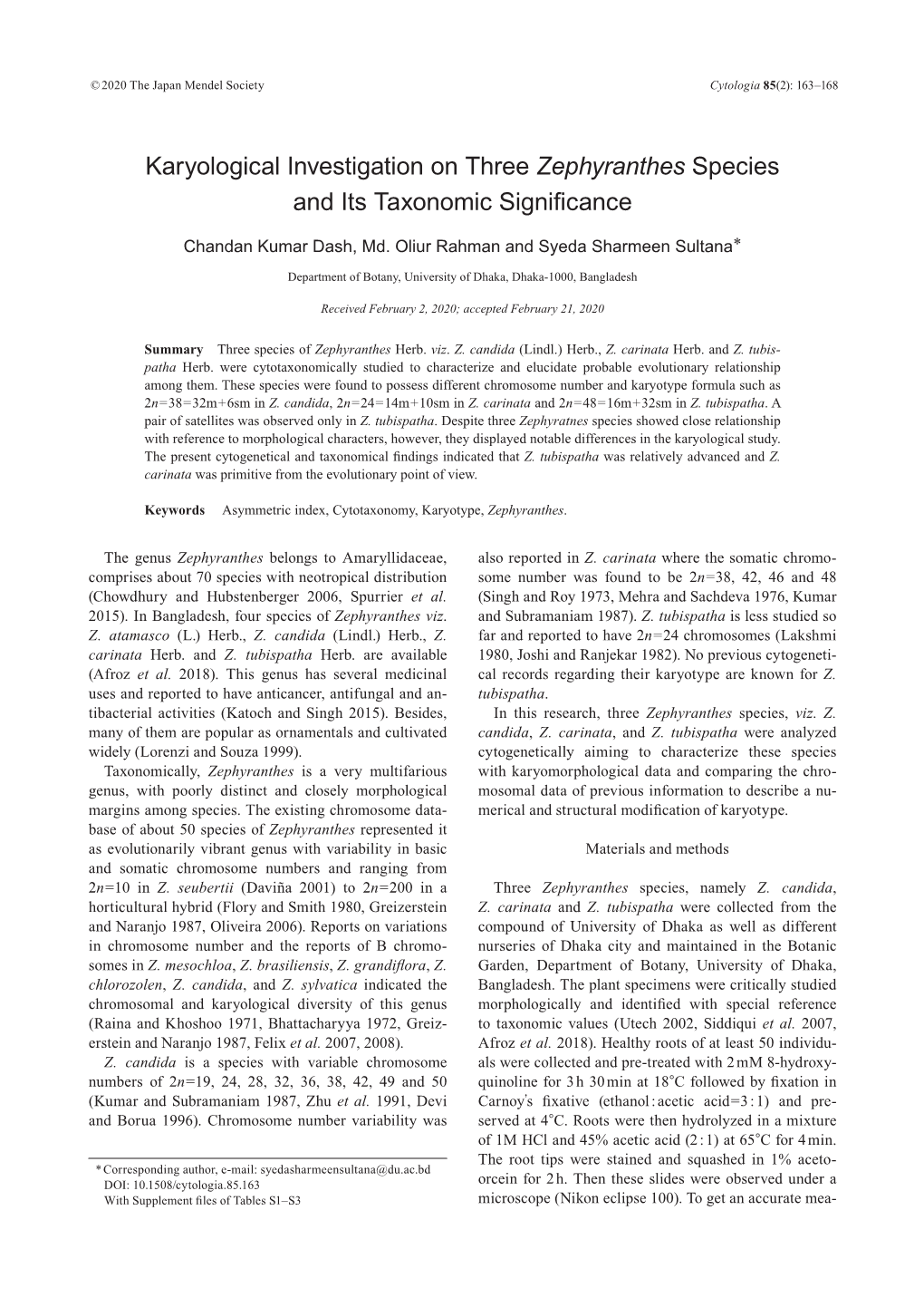 Karyological Investigation on Three Zephyranthes Species and Its Taxonomic Signiﬁcance