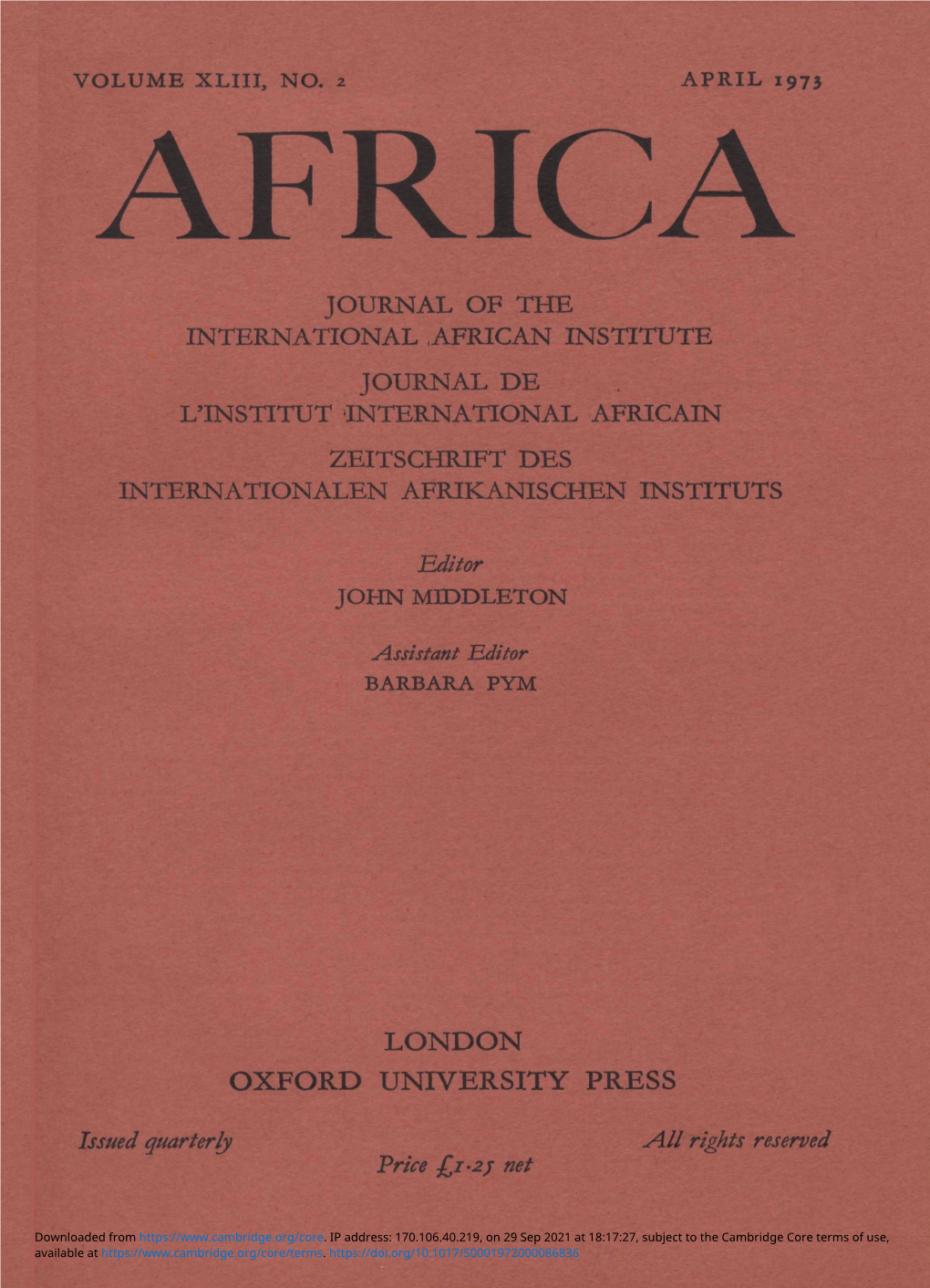 Journal of the International African Institute Journal De L'institut 'International Africain Zeitschrift Des Internationalen Afrikanischen Instituts