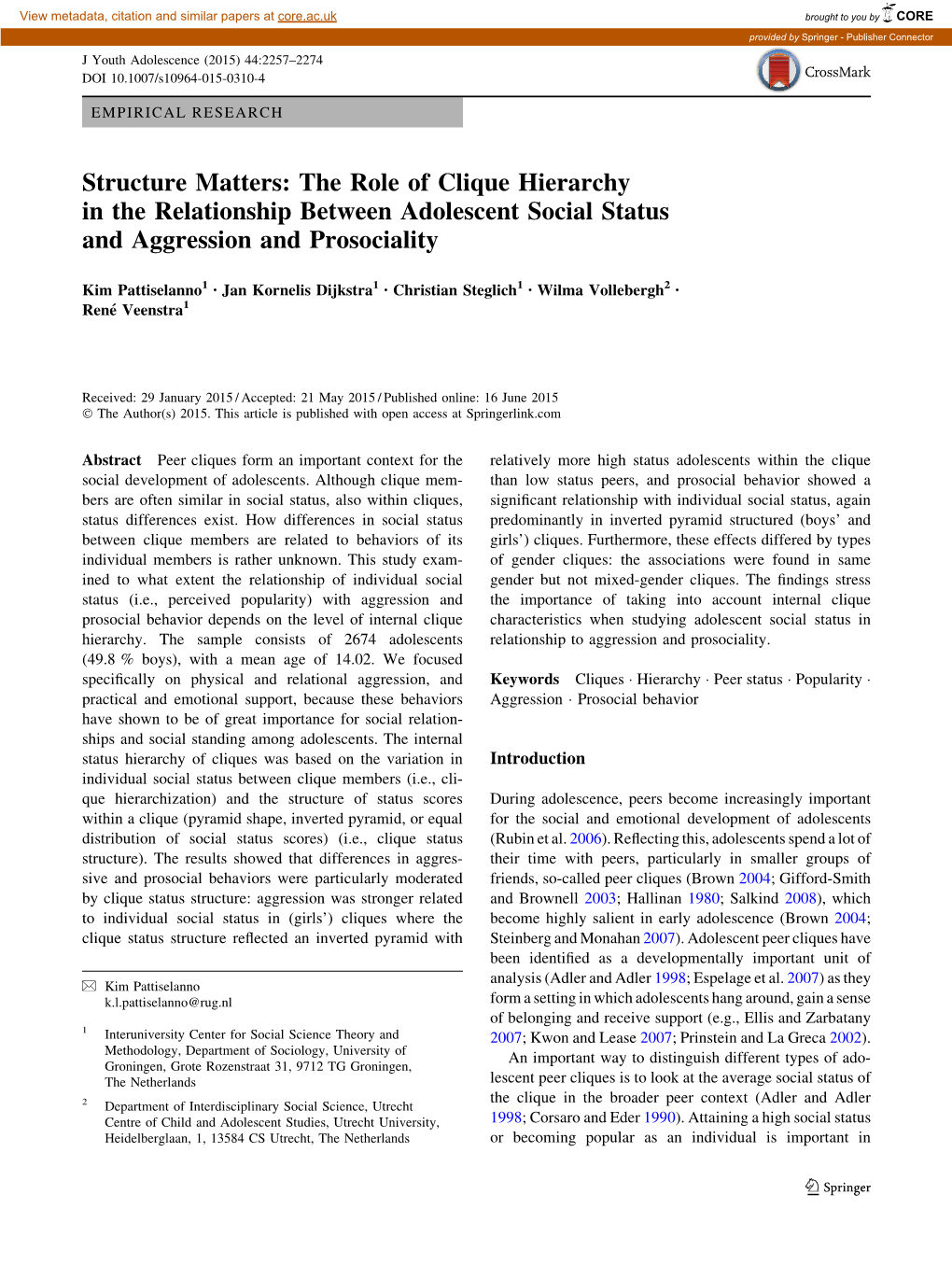 The Role of Clique Hierarchy in the Relationship Between Adolescent Social Status and Aggression and Prosociality