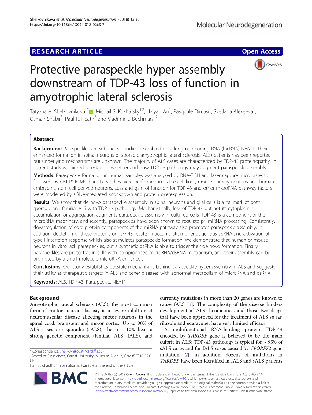 Protective Paraspeckle Hyper-Assembly Downstream of TDP-43 Loss of Function in Amyotrophic Lateral Sclerosis Tatyana A