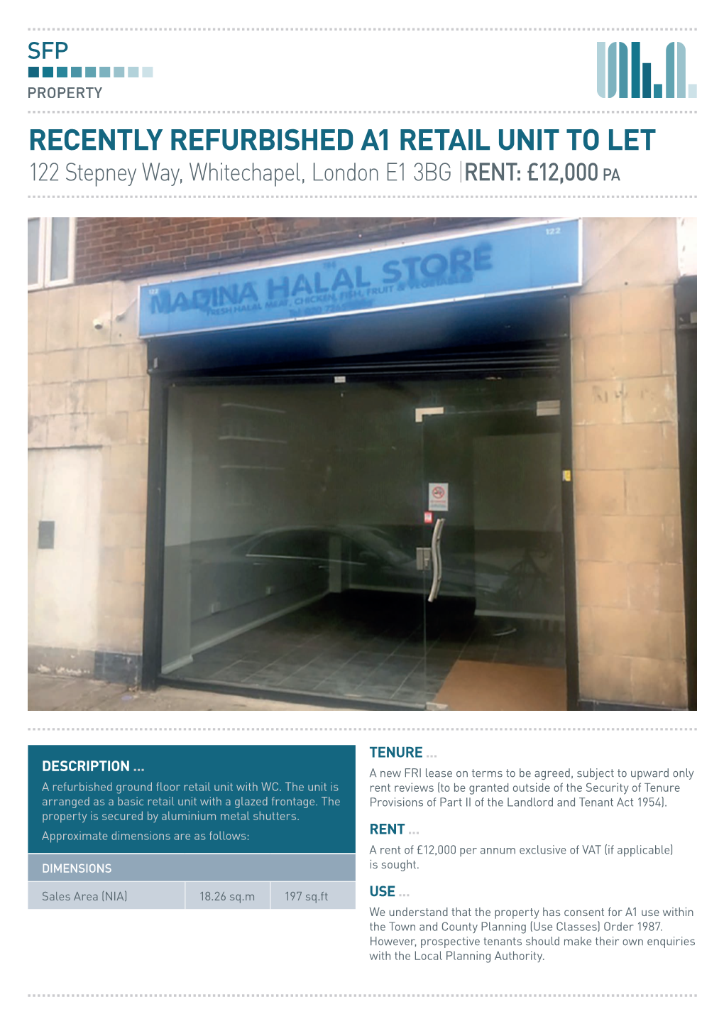 RECENTLY REFURBISHED A1 RETAIL UNIT to LET 122 Stepney Way, Whitechapel, London E1 3BG | RENT: £12,000 PA