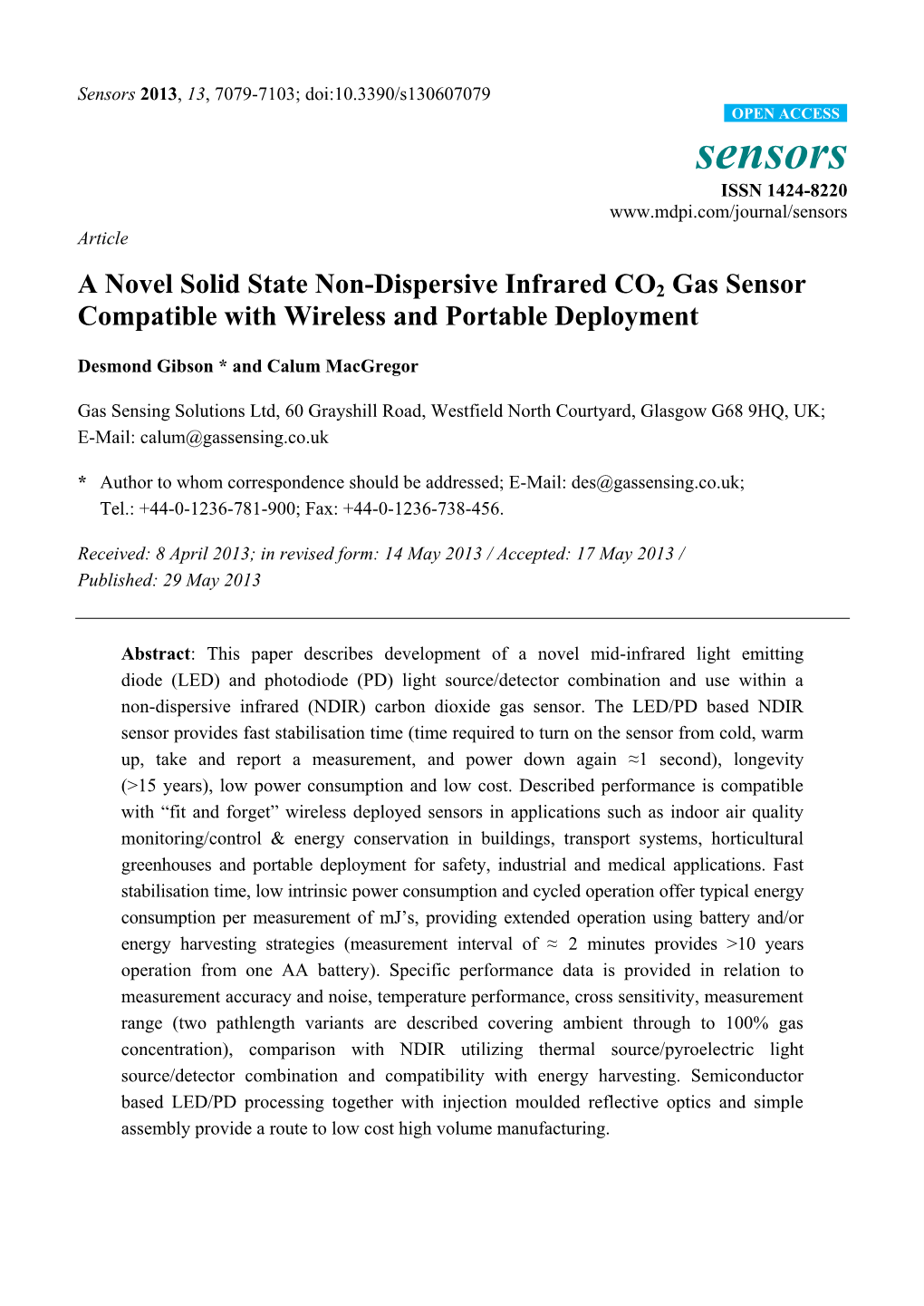 A Novel Solid State Non-Dispersive Infrared CO2 Gas Sensor Compatible with Wireless and Portable Deployment