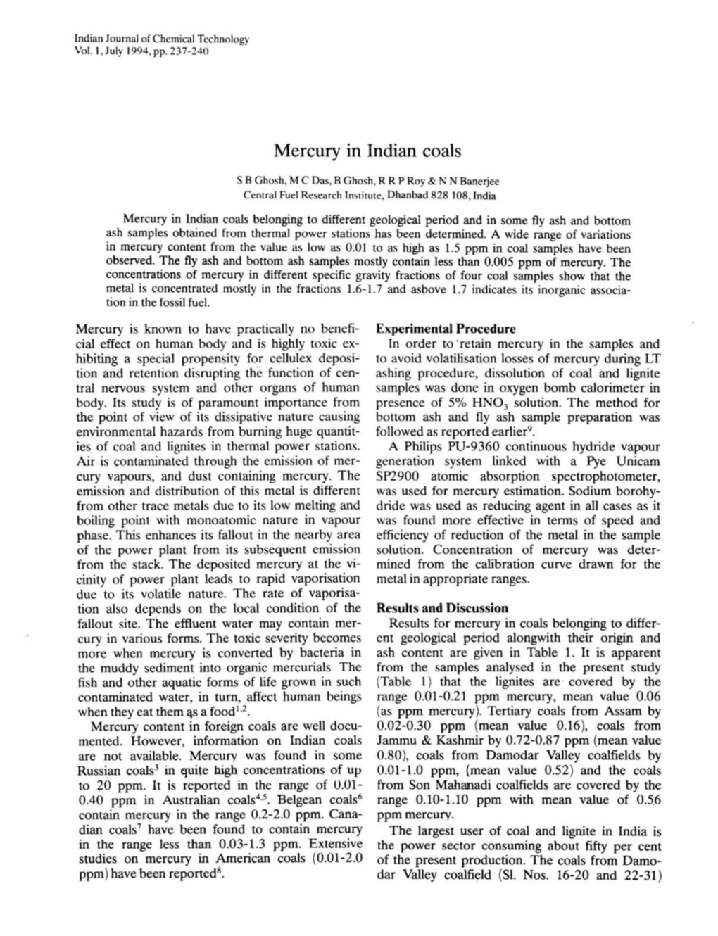 Mercury in Indian Coals