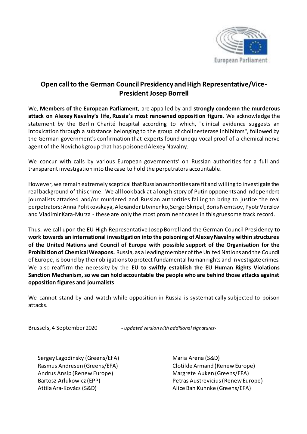 Open Call to the German Council Presidency and High Representative/Vice- President Josep Borrell