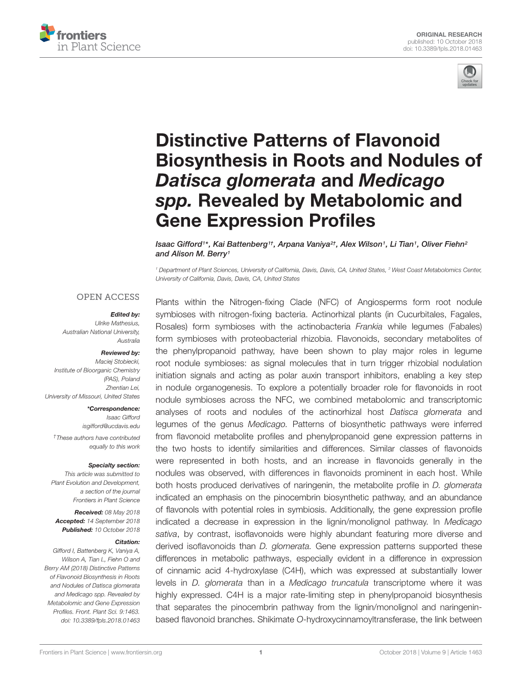 Distinctive Patterns of Flavonoid Biosynthesis in Roots and Nodules of Datisca Glomerata and Medicago Spp