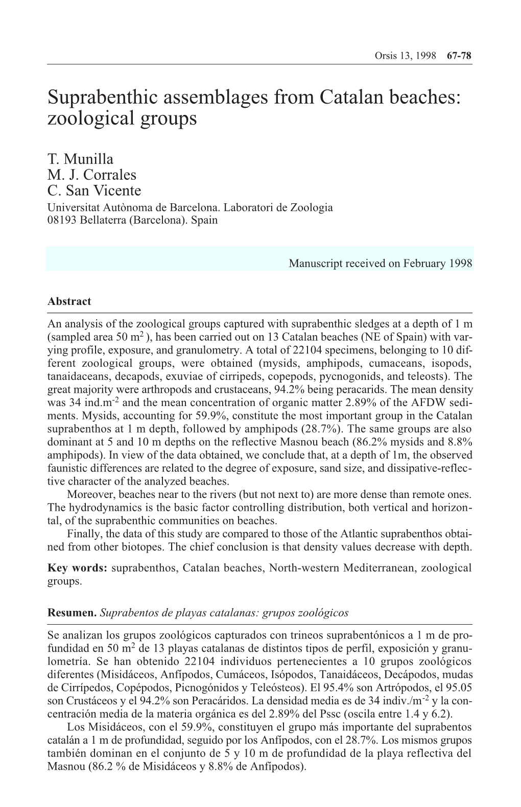 Suprabenthic Assemblages from Catalan Beaches: Zoological Groups