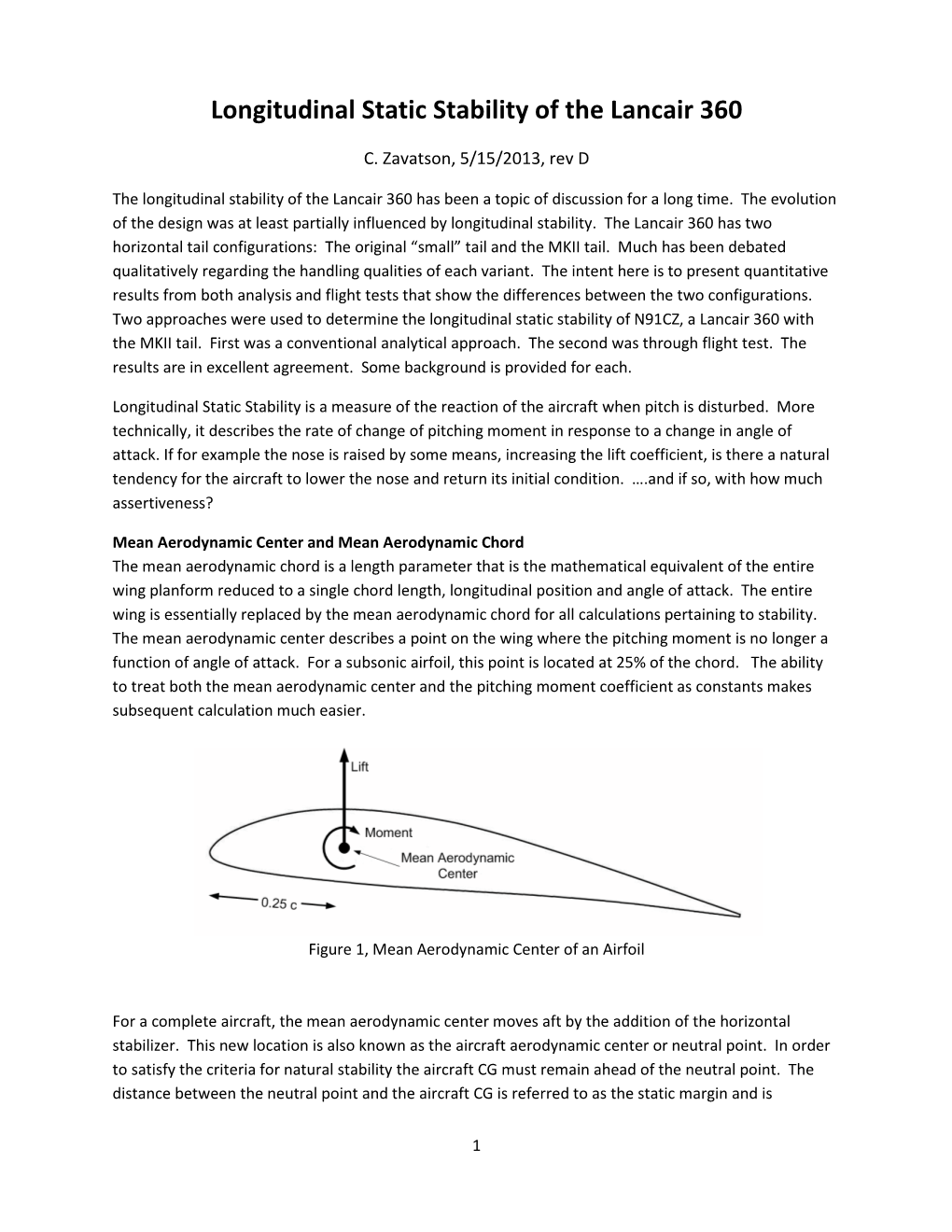 Longitudinal Static Stability of the Lancair 360