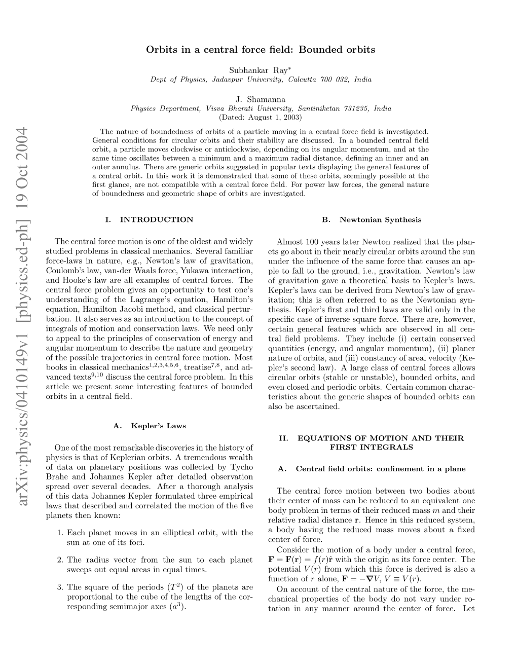 Arxiv:Physics/0410149V1 [Physics.Ed-Ph] 19 Oct 2004 Ftepsil Rjcoisi Eta Oc Oin Most Motion