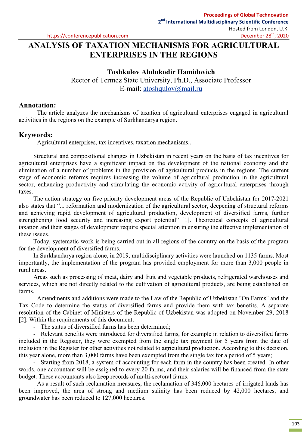 Analysis of Taxation Mechanisms for Agricultural Enterprises in the Regions