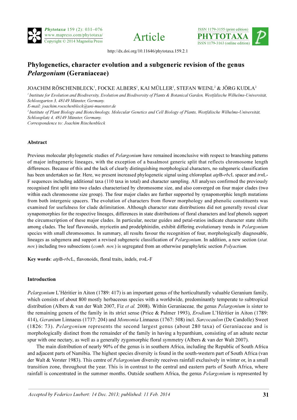 Phylogenetics, Character Evolution and a Subgeneric Revision of the Genus Pelargonium (Geraniaceae)