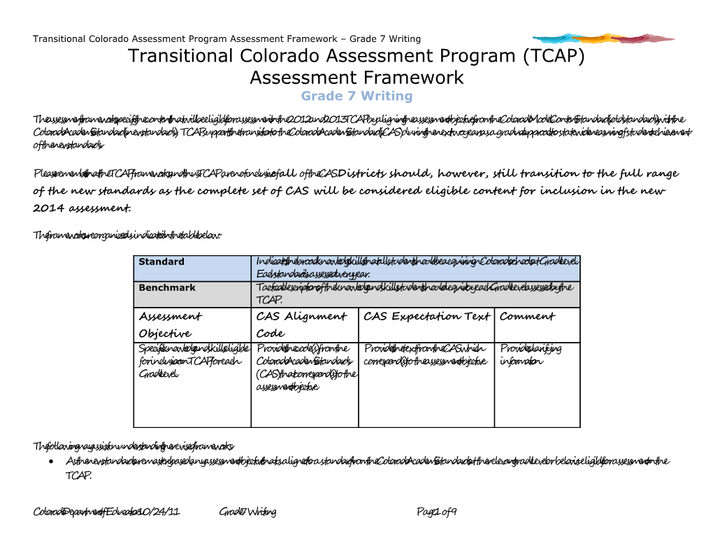 Transitional Colorado Assessment Program Assessment Framework Grade 7 Writing