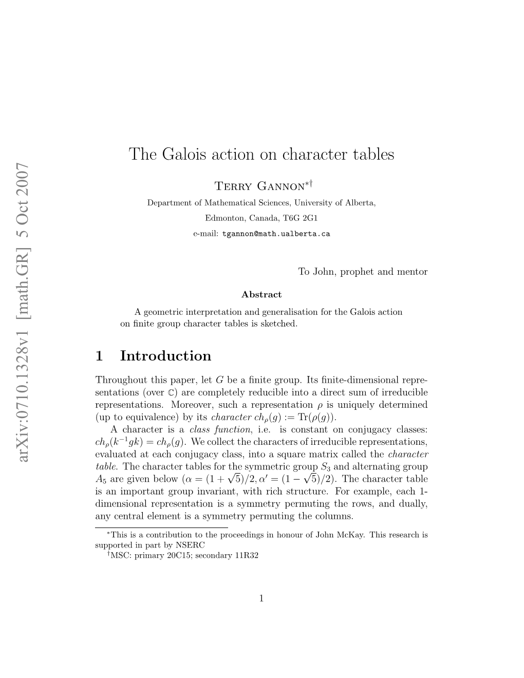 [Math.GR] 5 Oct 2007 the Galois Action on Character Tables