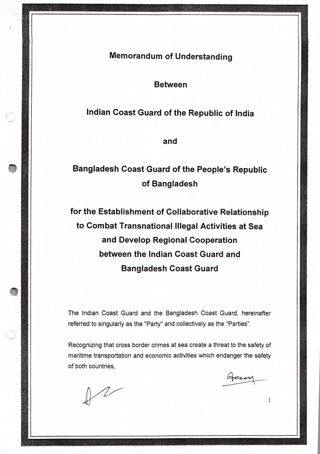 To Combat Transnational Illegal Activities at Sea and Develop Regional Cooperation Between the Indian Coast Guard and Bangladesh Coast Guard