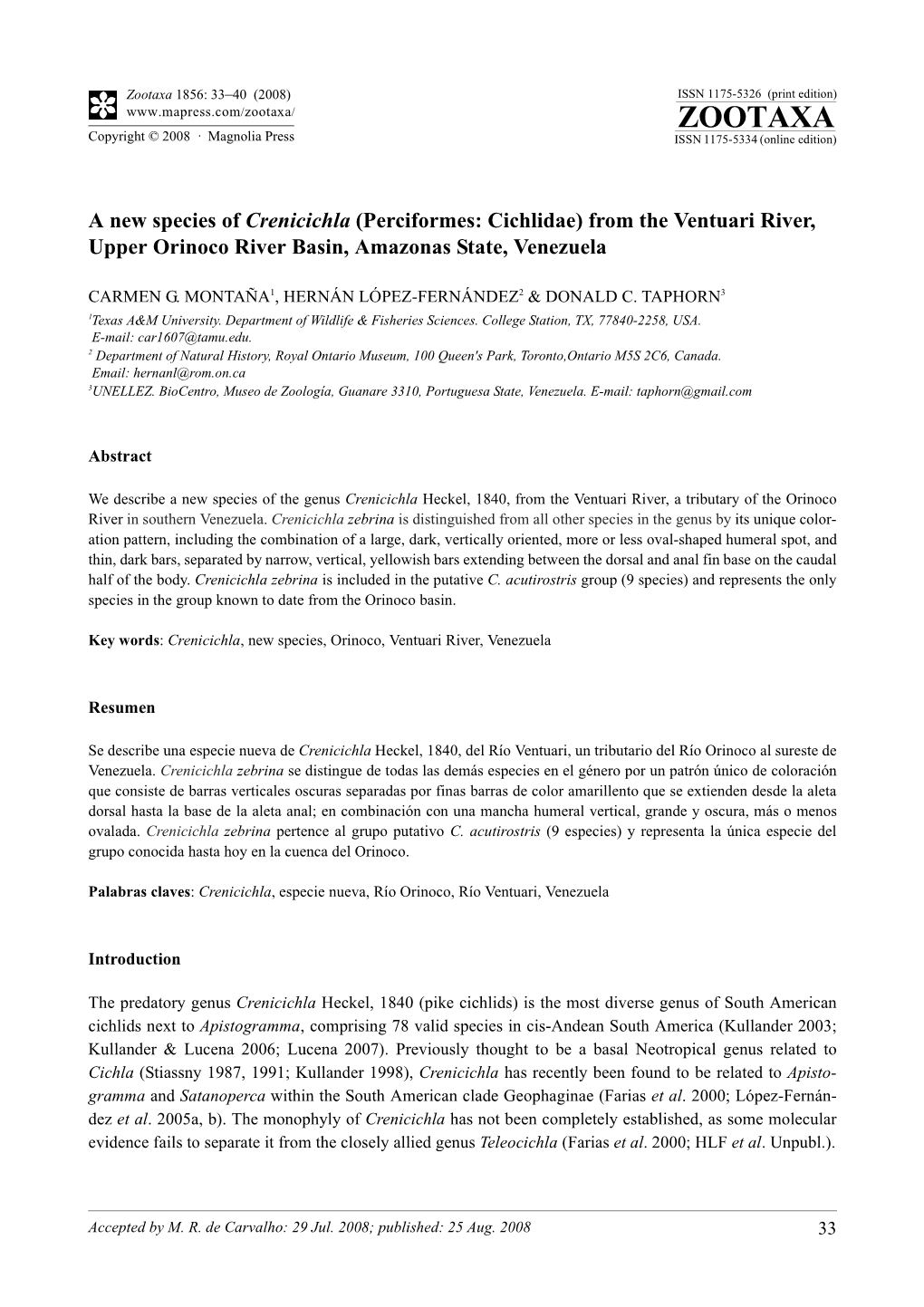 Zootaxa, a New Species of Crenicichla (Perciformes: Cichlidae) from The