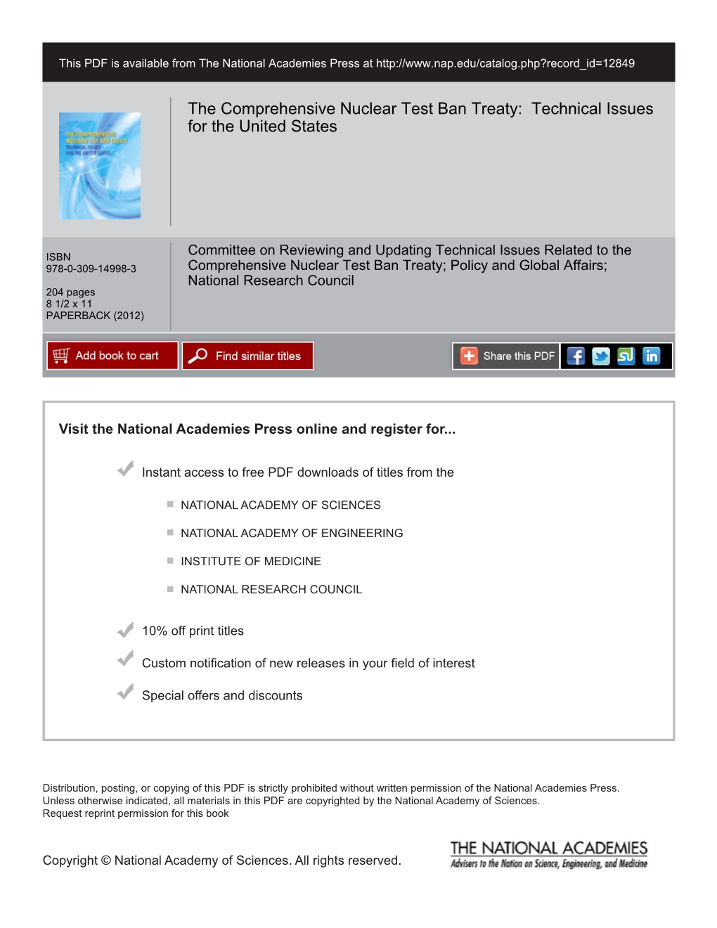 The Comprehensive Nuclear Test Ban Treaty: Technical Issues for the United States