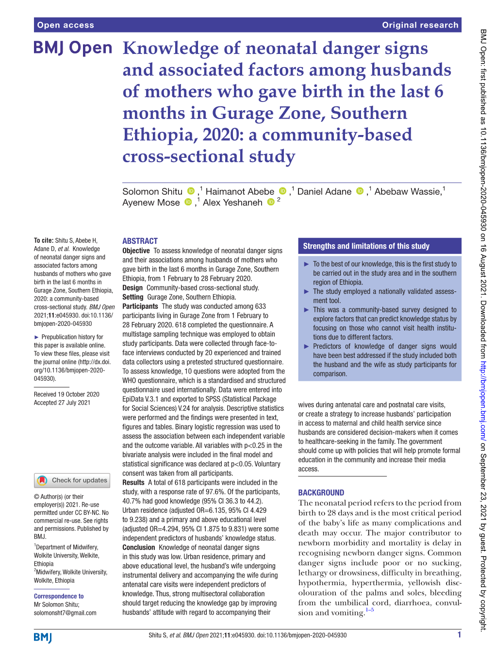 Knowledge of Neonatal Danger Signs and Associated Factors Among