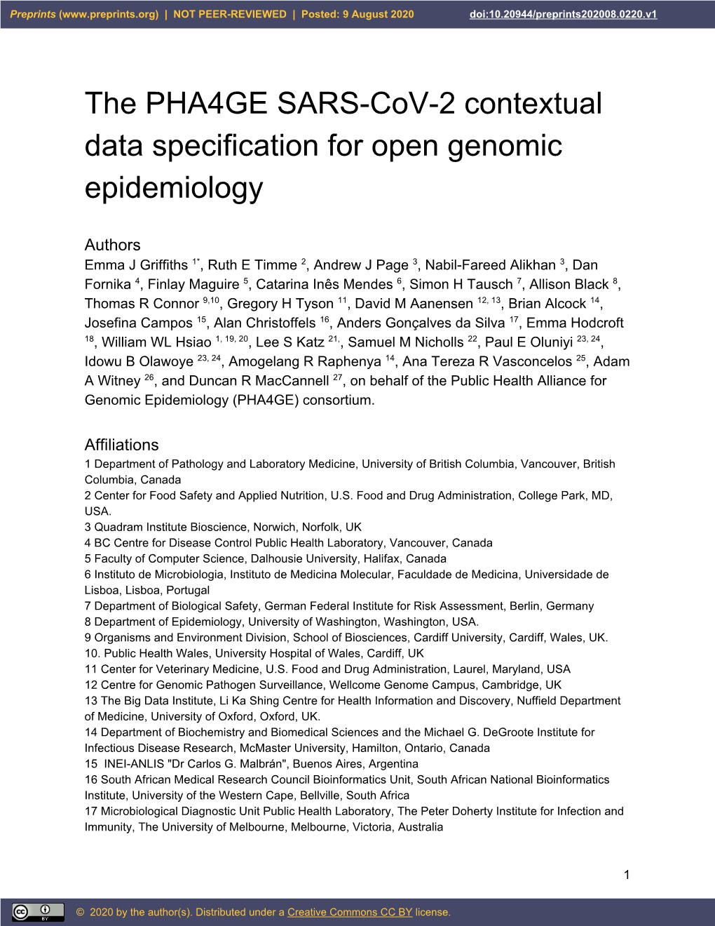 The PHA4GE SARS-Cov-2 Contextual Data Specification for Open Genomic Epidemiology