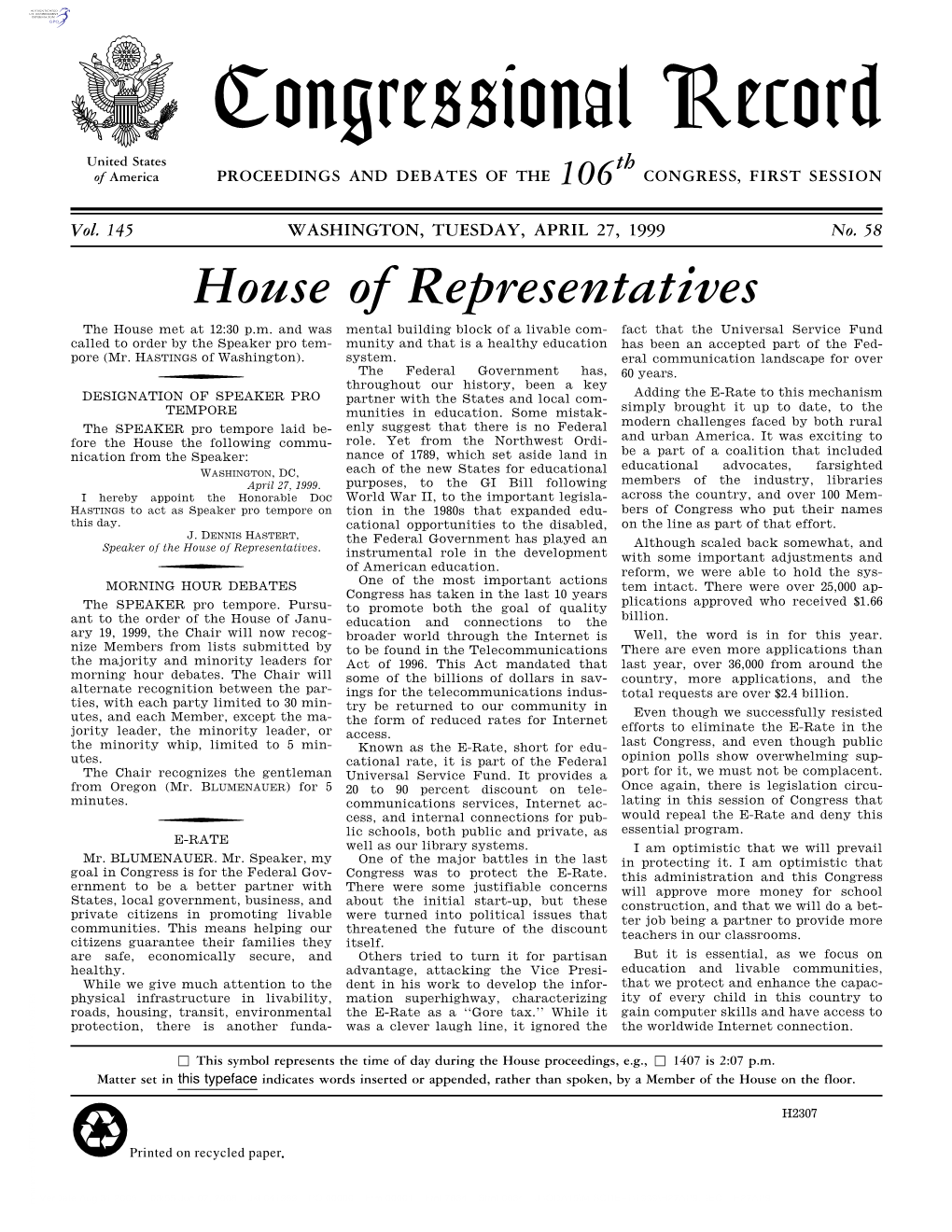 Congressional Record United States Th of America PROCEEDINGS and DEBATES of the 106 CONGRESS, FIRST SESSION