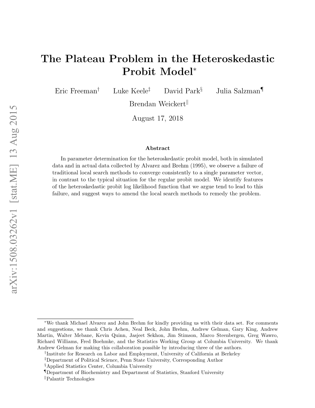The Plateau Problem in the Heteroskedastic Probit Model Arxiv:1508.03262V1 [Stat.ME] 13 Aug 2015