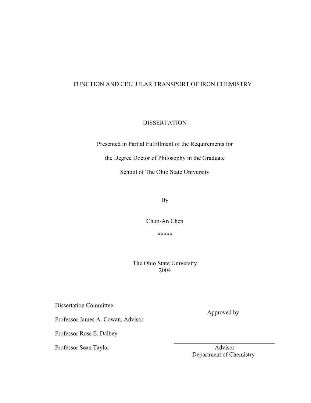 Function and Cellular Transport of Iron Chemistry