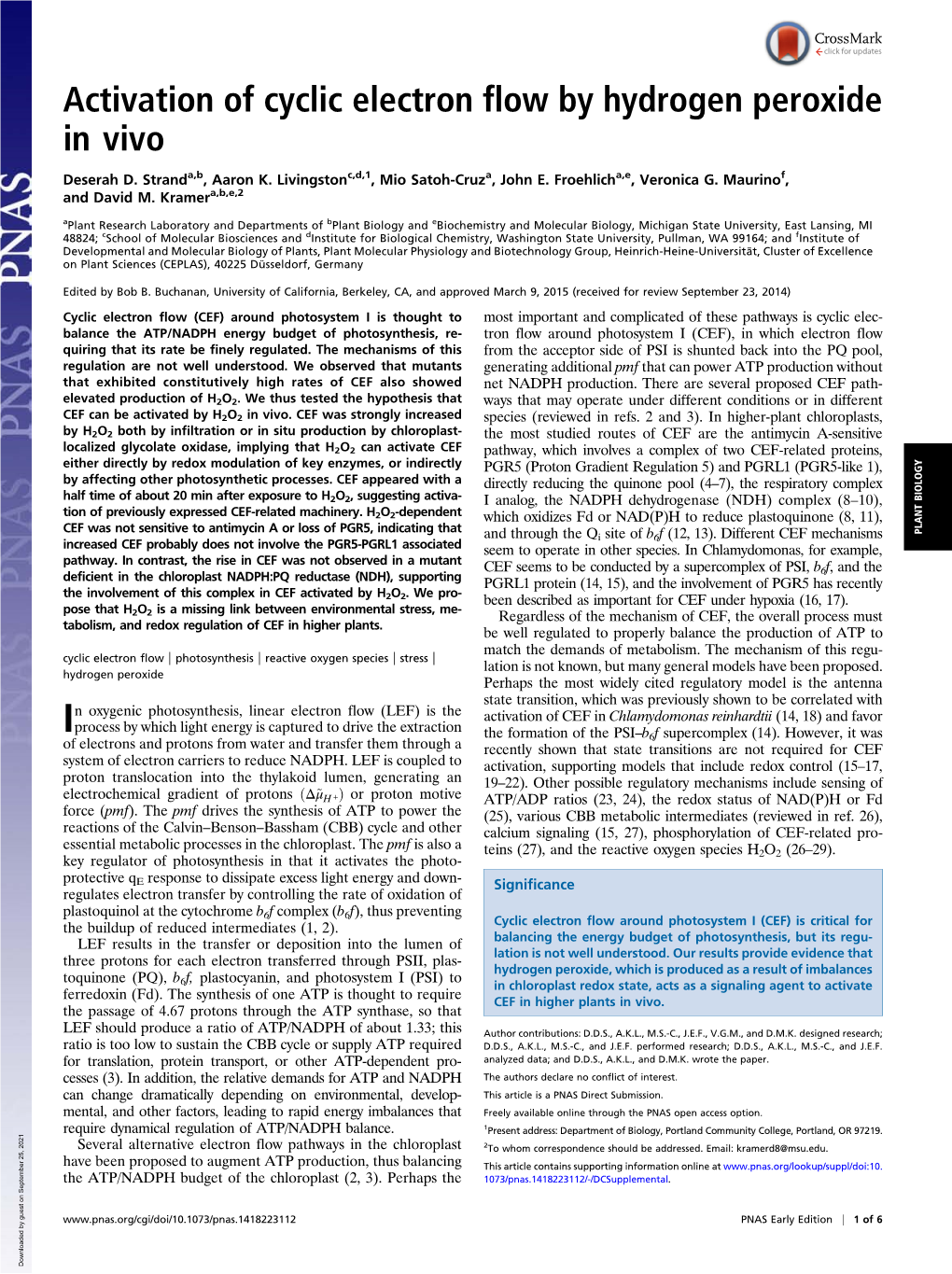 Activation of Cyclic Electron Flow by Hydrogen Peroxide in Vivo