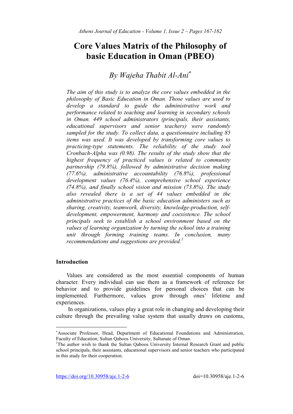 Core Values Matrix of the Philosophy of Basic Education in Oman (PBEO)