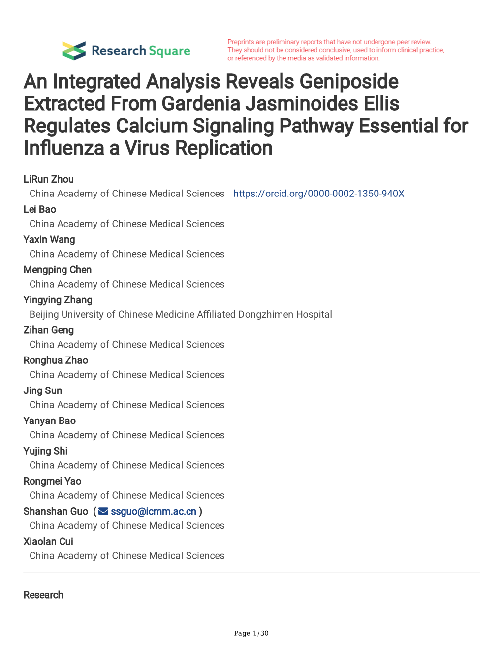 An Integrated Analysis Reveals Geniposide Extracted from Gardenia Jasminoides Ellis Regulates Calcium Signaling Pathway Essential for Infuenza a Virus Replication