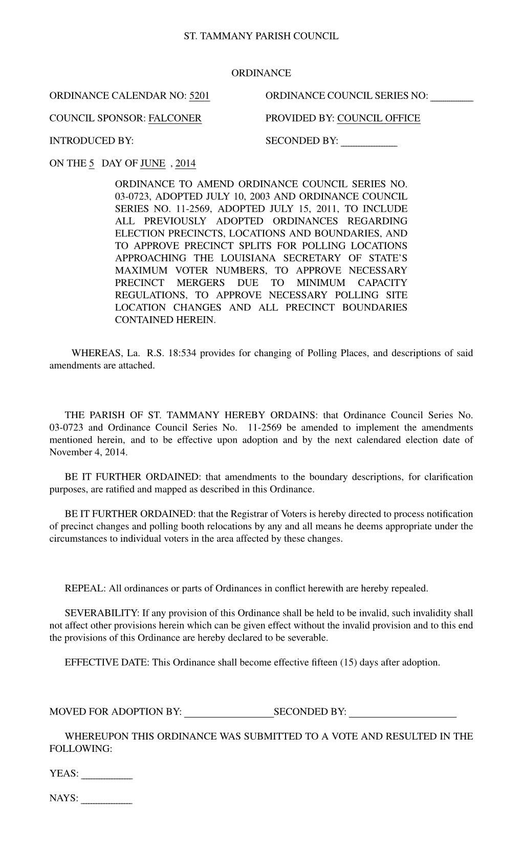 St. Tammany Parish Council Ordinance Ordinance Calendar No