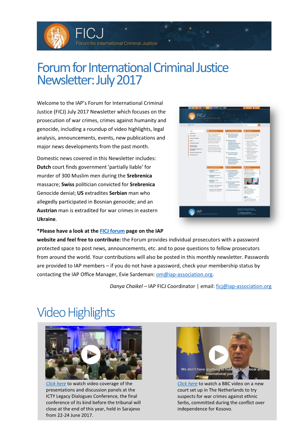 Forum for International Criminal Justice Newsletter: July 2017 Video