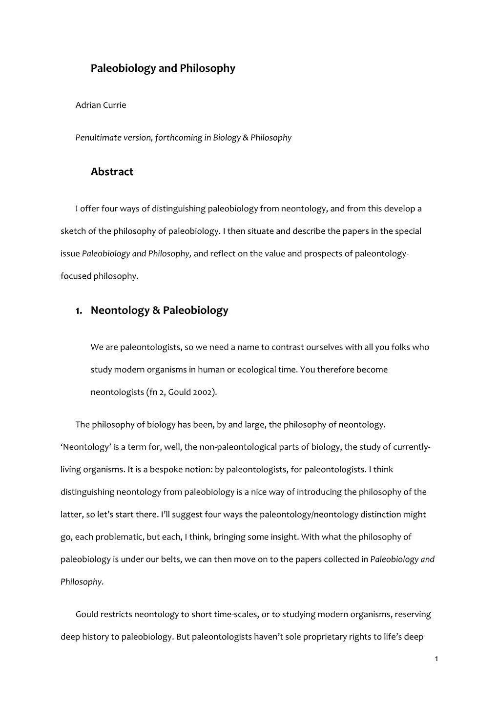 Paleobiology and Philosophy Preprint.Pdf