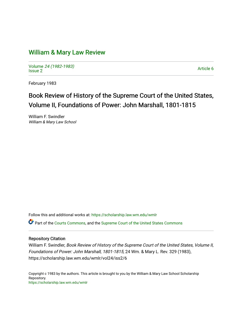Book Review of History of the Supreme Court of the United States, Volume II, Foundations of Power: John Marshall, 1801-1815