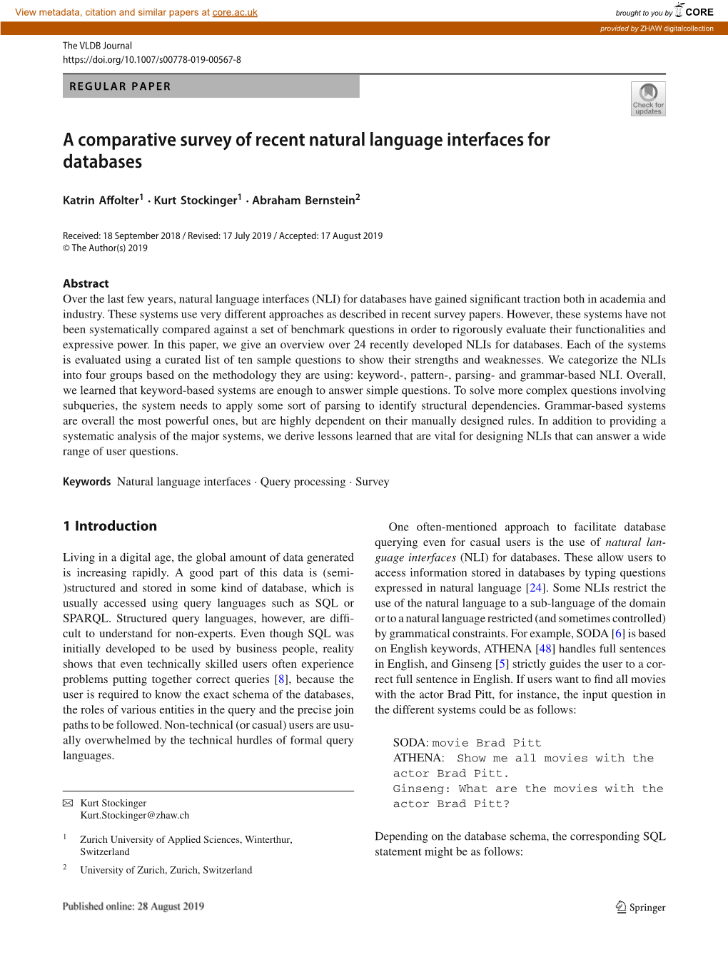 A Comparative Survey of Recent Natural Language Interfaces for Databases