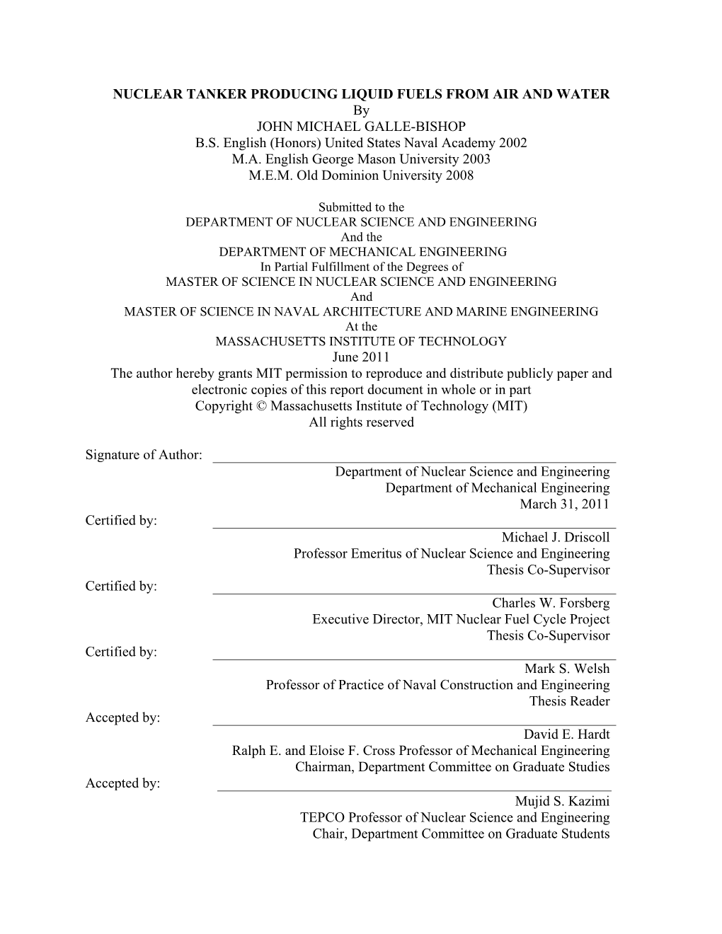 NUCLEAR TANKER PRODUCING LIQUID FUELS from AIR and WATER by JOHN MICHAEL GALLE-BISHOP B.S