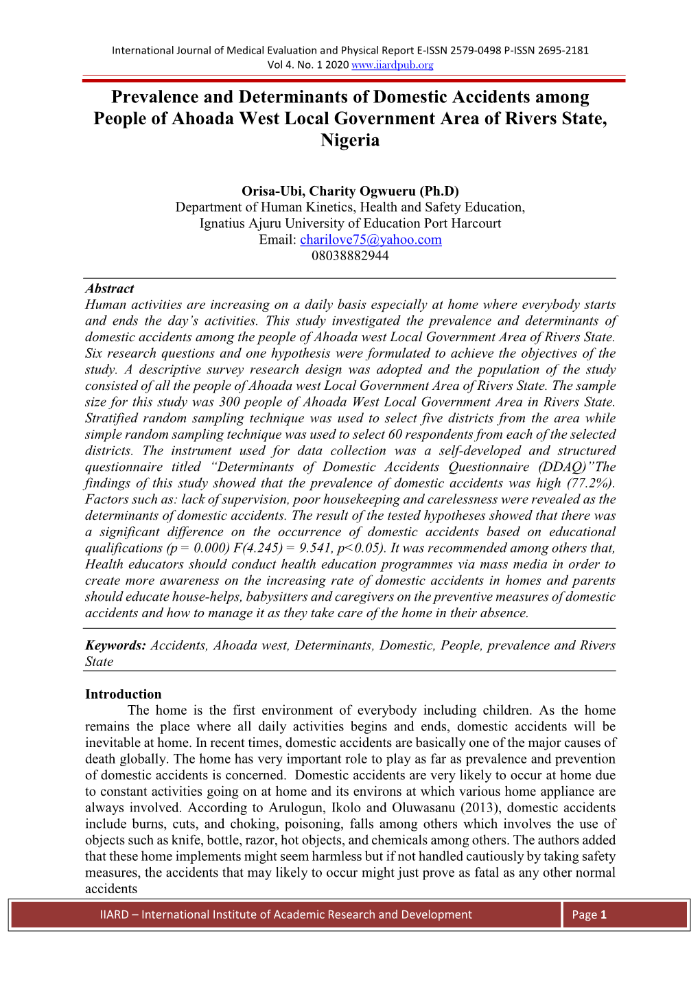 Prevalence and Determinants of Domestic Accidents Among People of Ahoada West Local Government Area of Rivers State, Nigeria