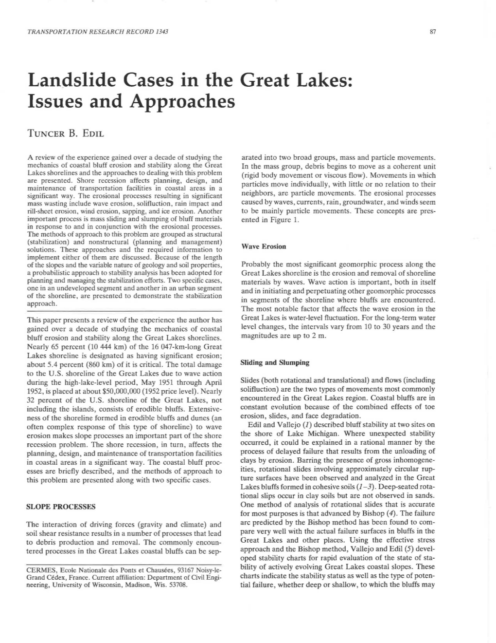 Landslide Cases in the Great Lakes: Issues and Approaches