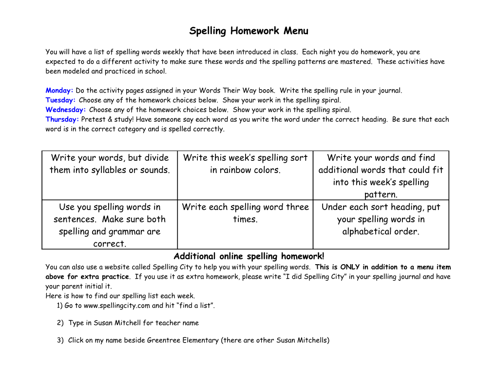 Spelling Homework Menu