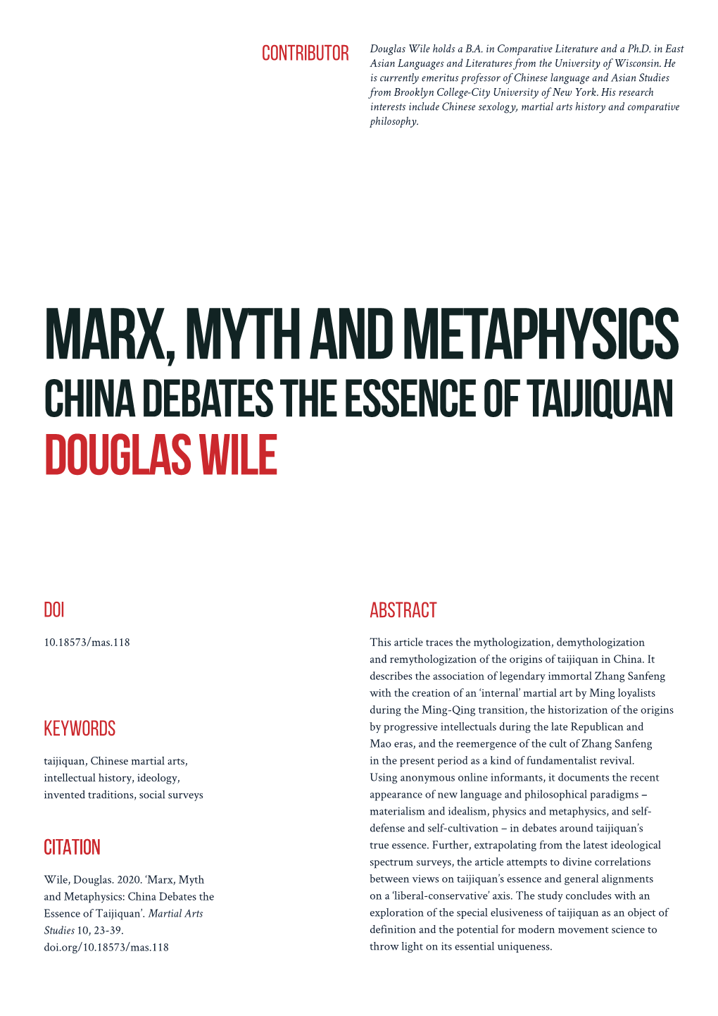 Marx, Myth and Metaphysics China Debates the Essence of Taijiquan Douglas Wile