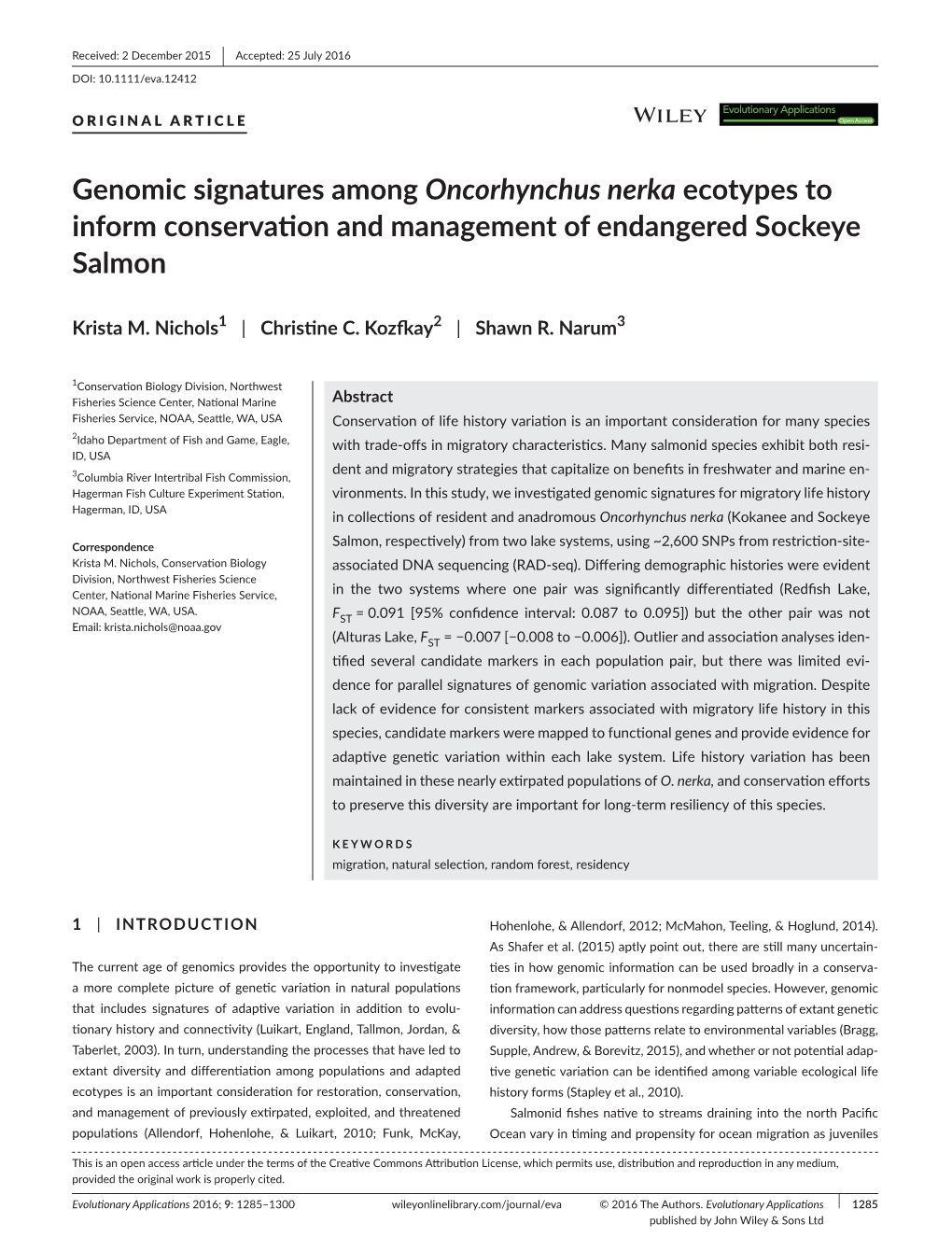 Genomic Signatures Among Oncorhynchus Nerka Ecotypes to Inform Conservation and Management of Endangered Sockeye Salmon