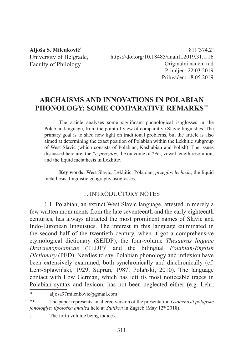 Archaisms and Innovations in Polabian Phonology: Some Comparative Remarks**2