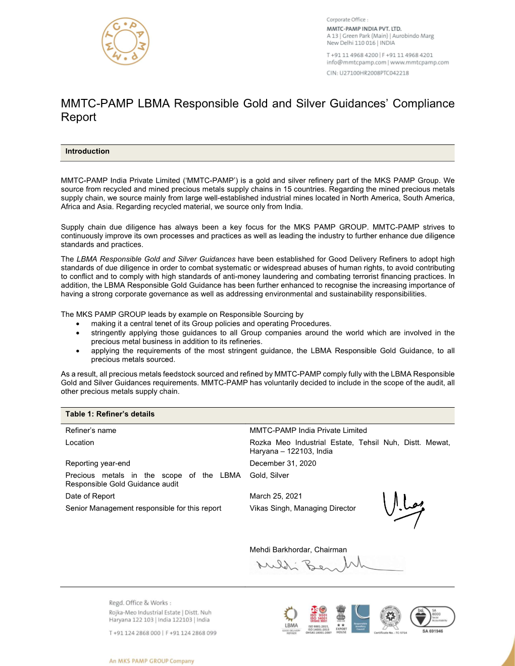 MMTC-PAMP LBMA Responsible Gold and Silver Guidances’ Compliance Report