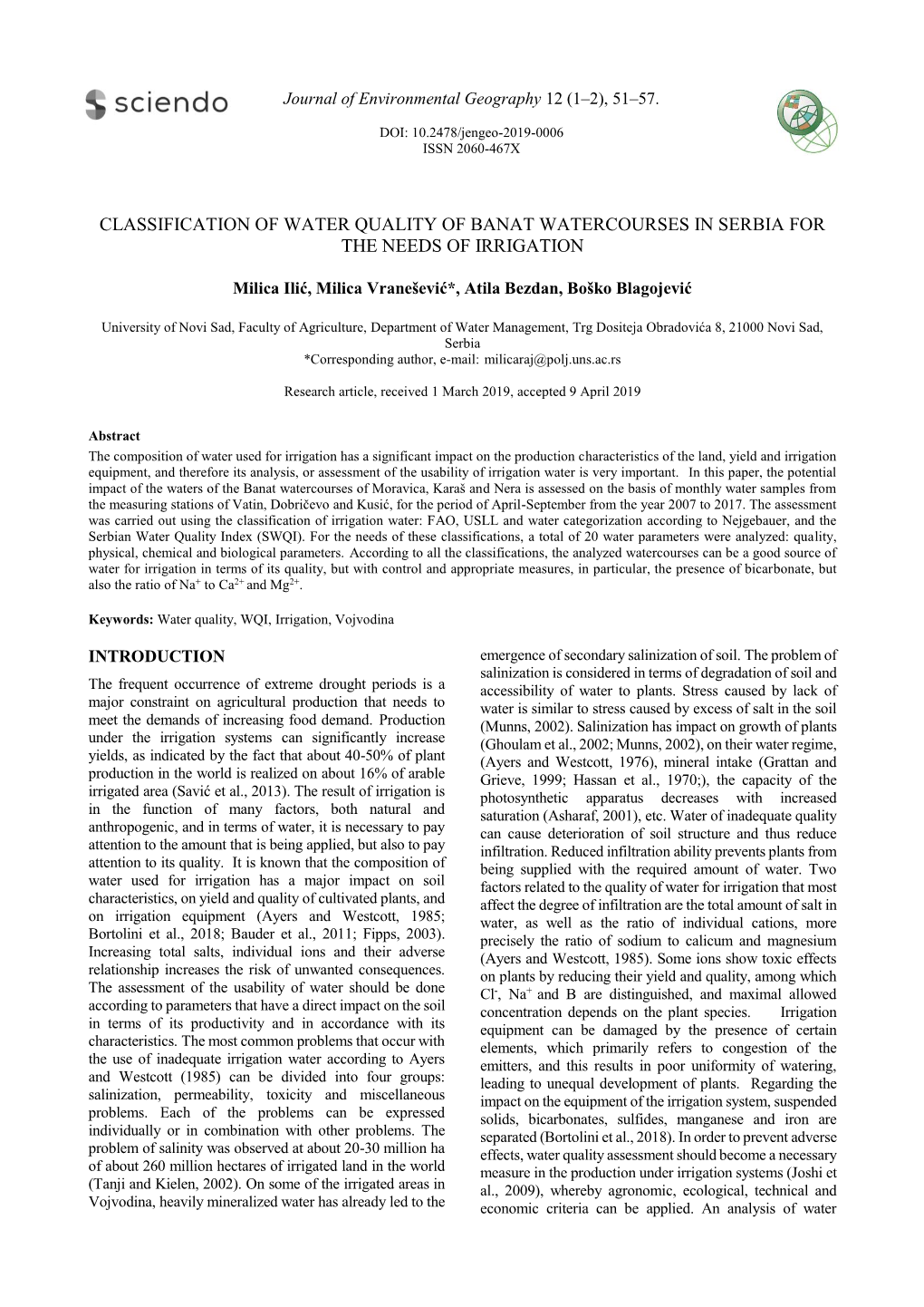 Classification of Water Quality of Banat Watercourses in Serbia for the Needs of Irrigation