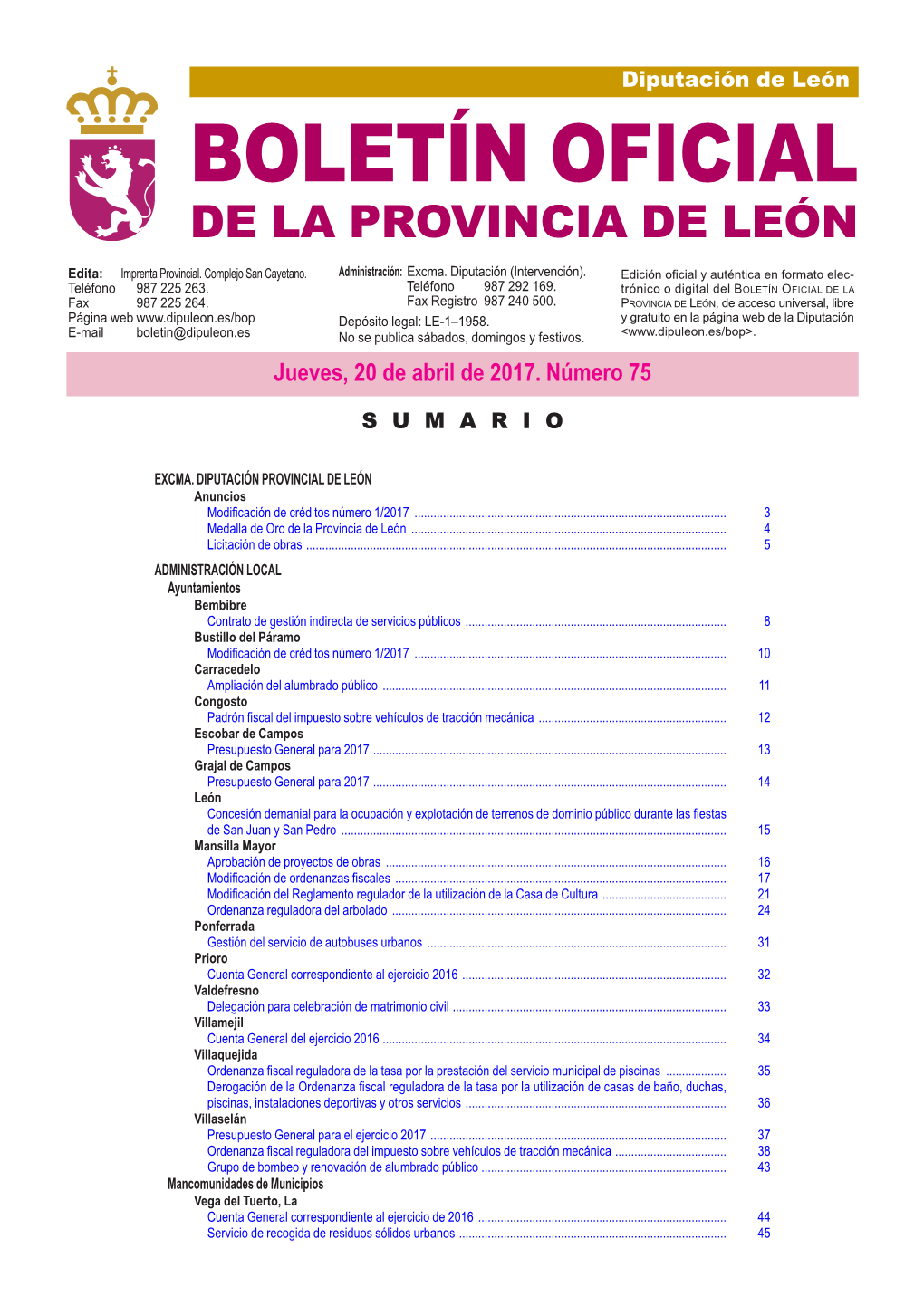 BOLETÍN OFICIAL DE LA PROVINCIA DE LEÓN Edita: Imprenta Provincial